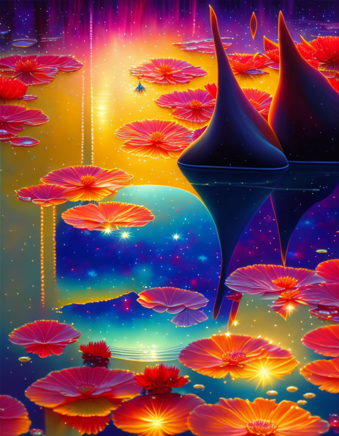 Vibrant lotus flowers in surreal starry water scene