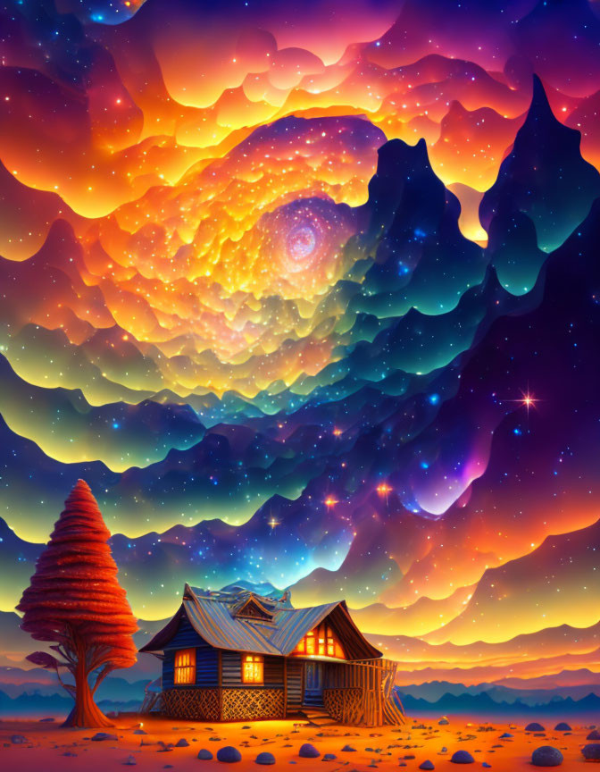 Vibrant digital art: lone tree, cozy cottage, starry sky, swirling galaxy, fiery