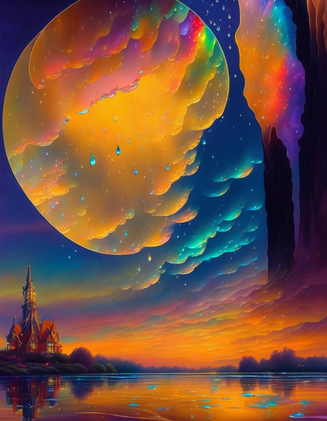 Colorful fantasy landscape with castle, lake, surreal sky, and celestial body