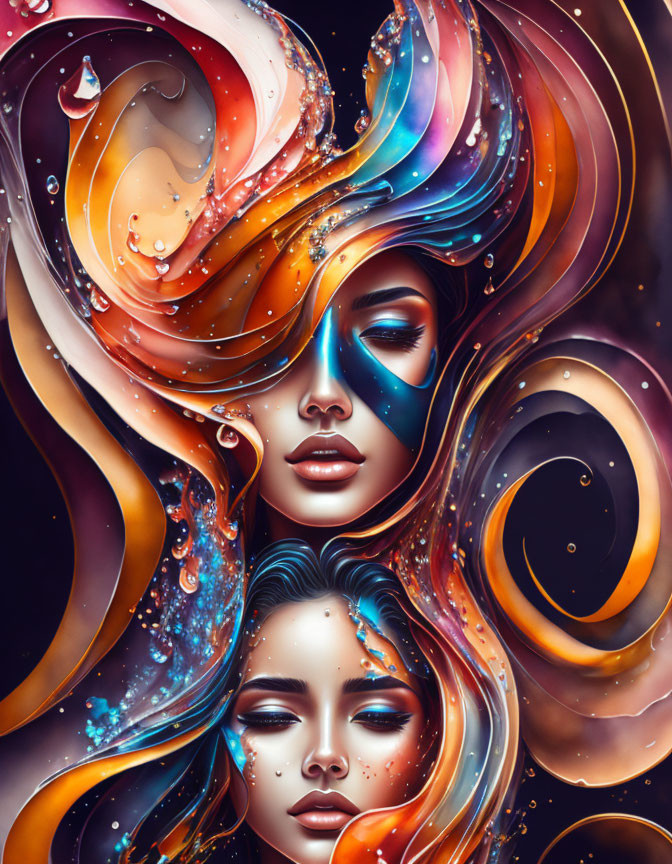 Vibrant abstract digital art: Two female faces with swirling cosmic hair.