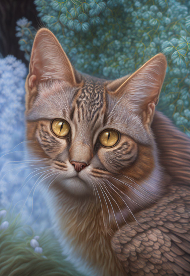 Detailed illustration of a cat with golden eyes and textured fur against green foliage