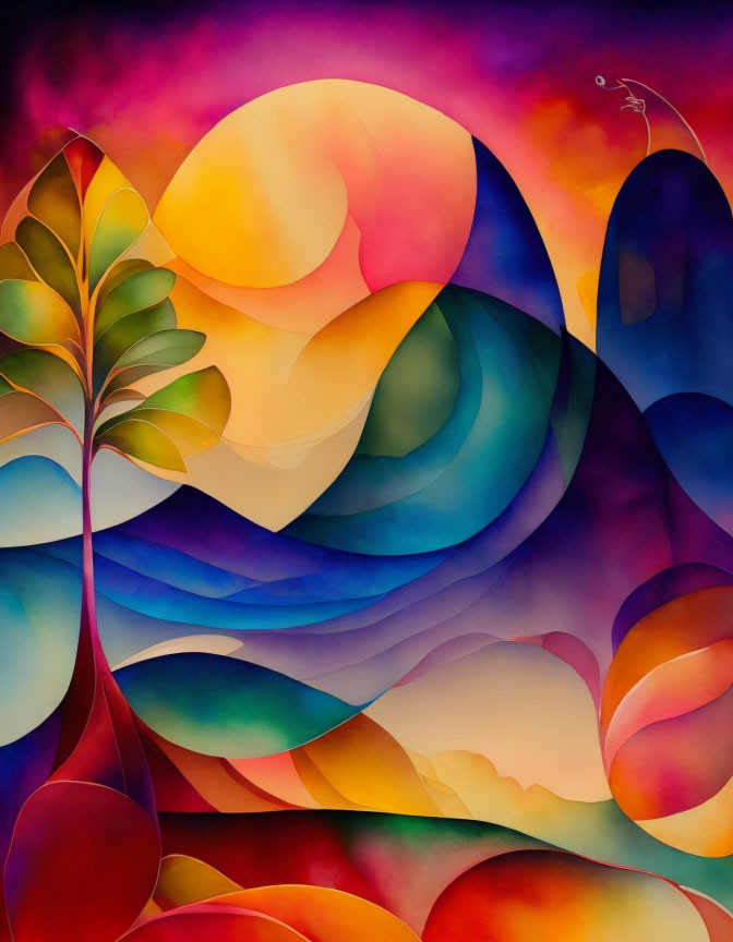 Vibrant Abstract Watercolor Painting of Stylized Leaves