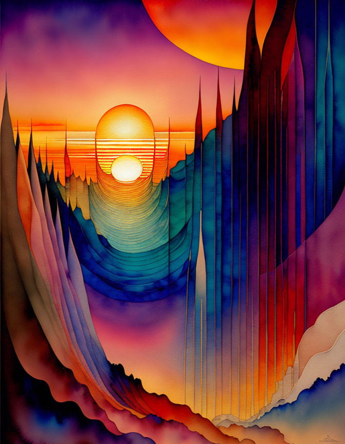 Colorful Abstract Painting: Sunset with Circular Patterns and Mountain-like Shapes