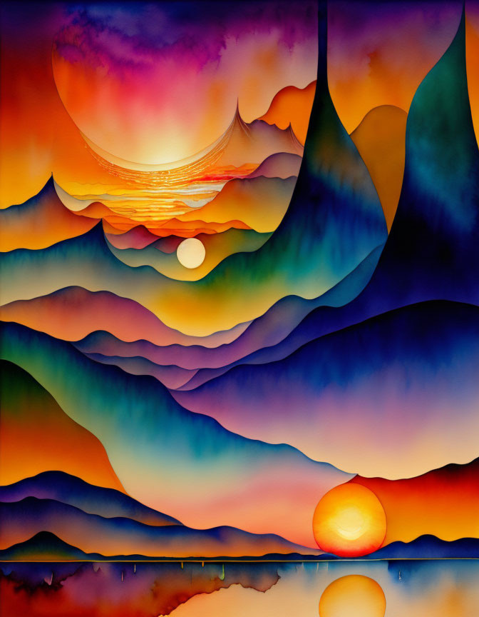 Colorful mountain-like waves under sunset sky with sun reflection in water