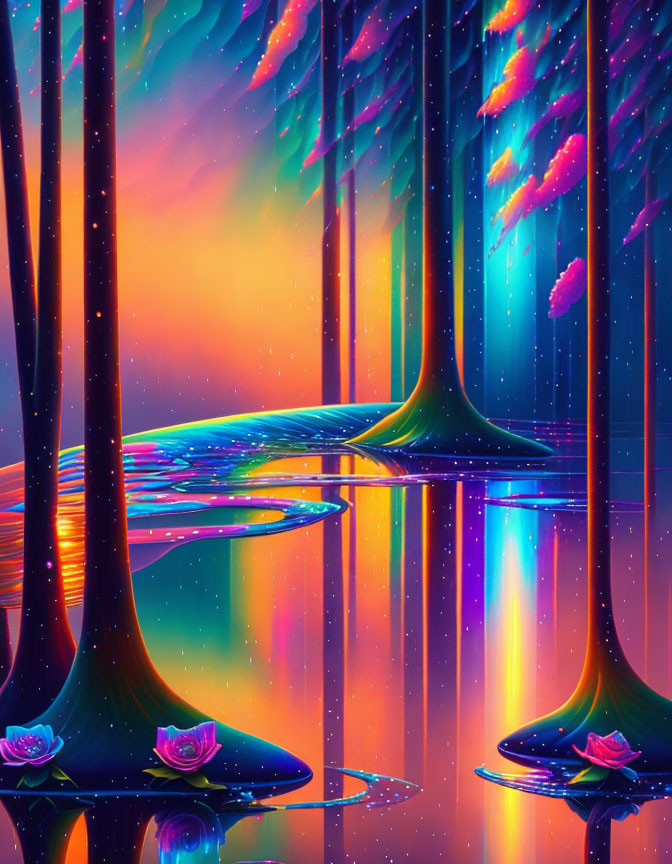 Colorful digital artwork of surreal neon-lit forest with reflective water