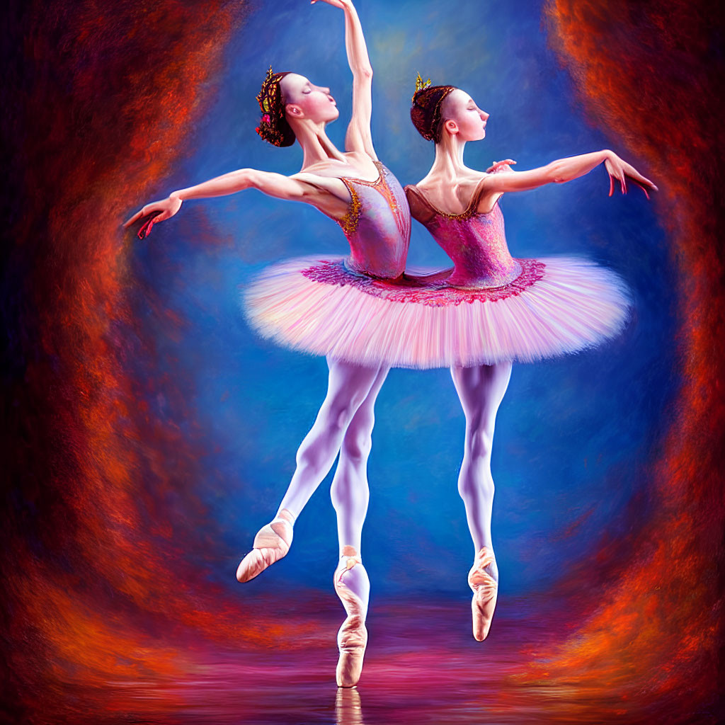 Ballet dancers in traditional tutus against blue and red backdrop