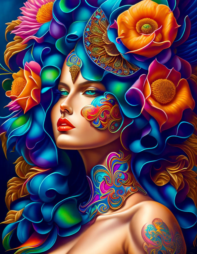 Colorful Woman Illustration with Flower Petals and Butterfly Motif