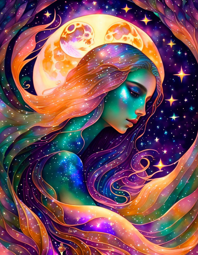 Colorful illustration of woman with galaxy-themed hair and skin, moon and stars in cosmic setting.