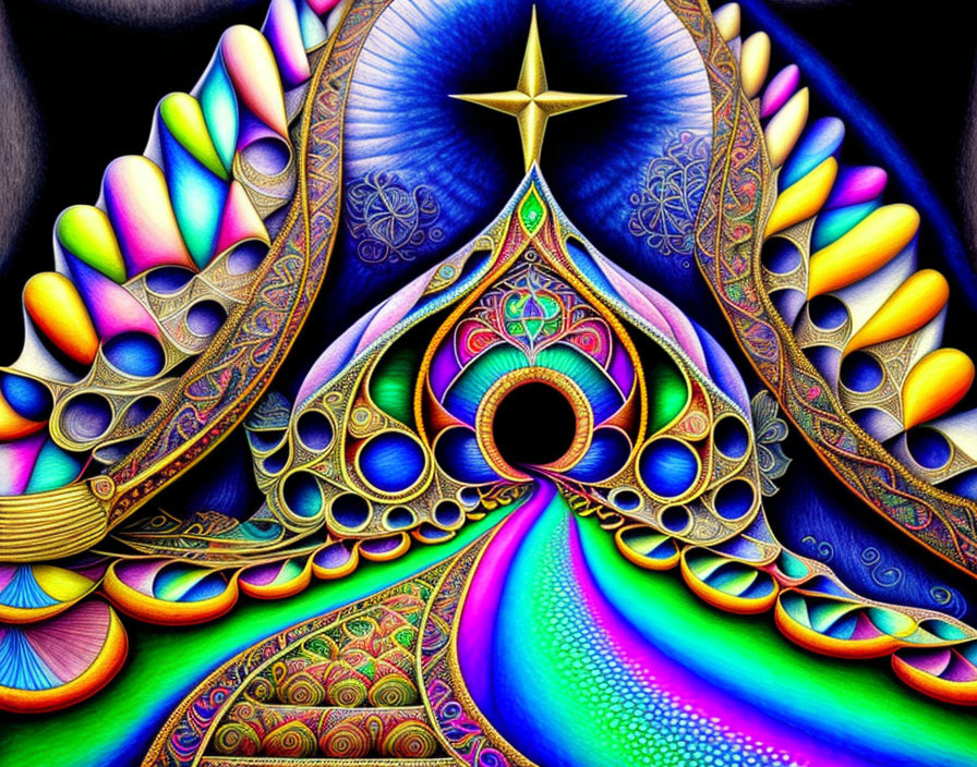 Colorful Fractal Art: Peacock Feather Motifs in Blue, Purple, and Yellow