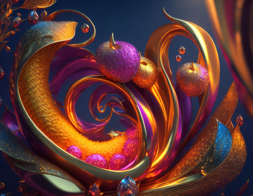 Colorful abstract art with golden, orange swirls, spheres, and crystals on blue.