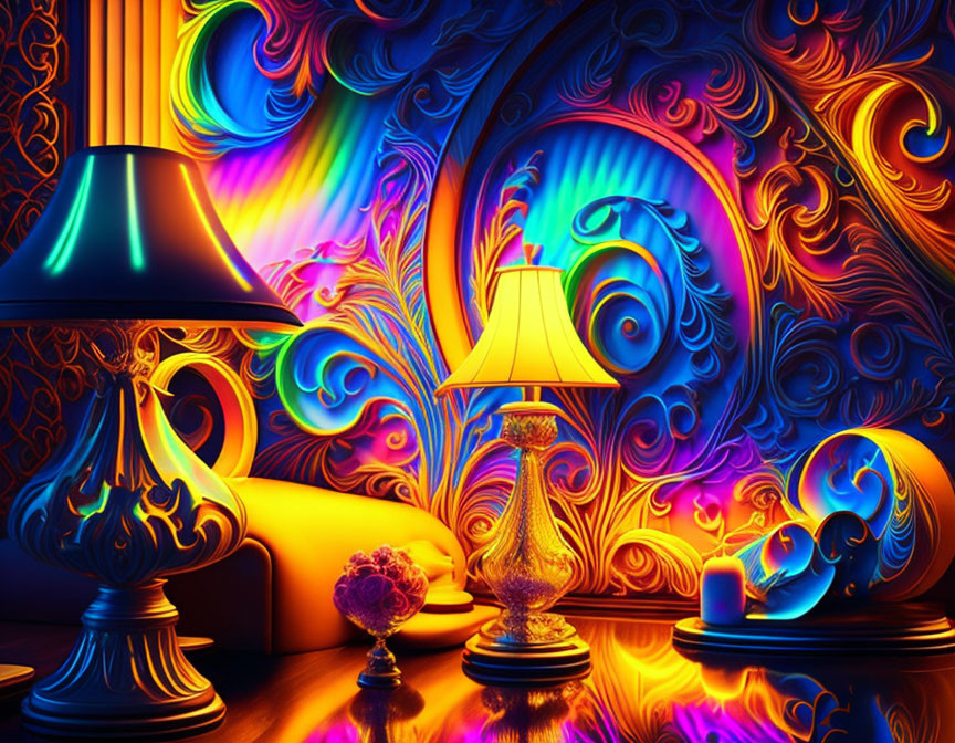 Colorful Psychedelic Room with Lamps, Sofa & Ornate Decor