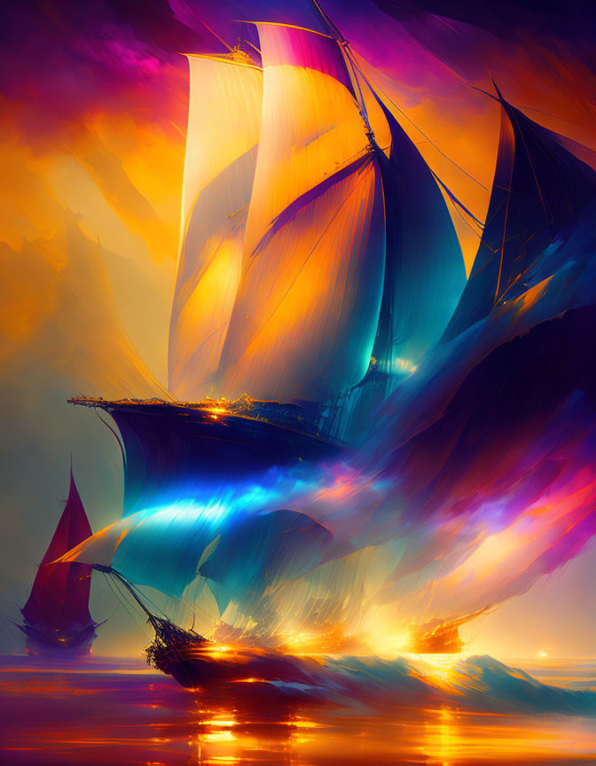 Vibrant sailing ships on water with purple and orange sky