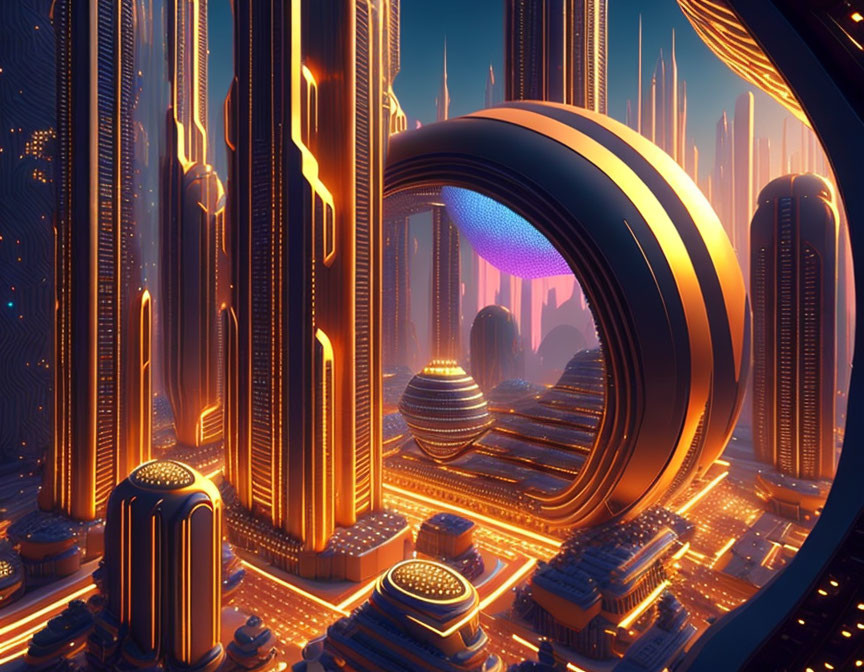 Futuristic cityscape digital artwork with neon skyscrapers