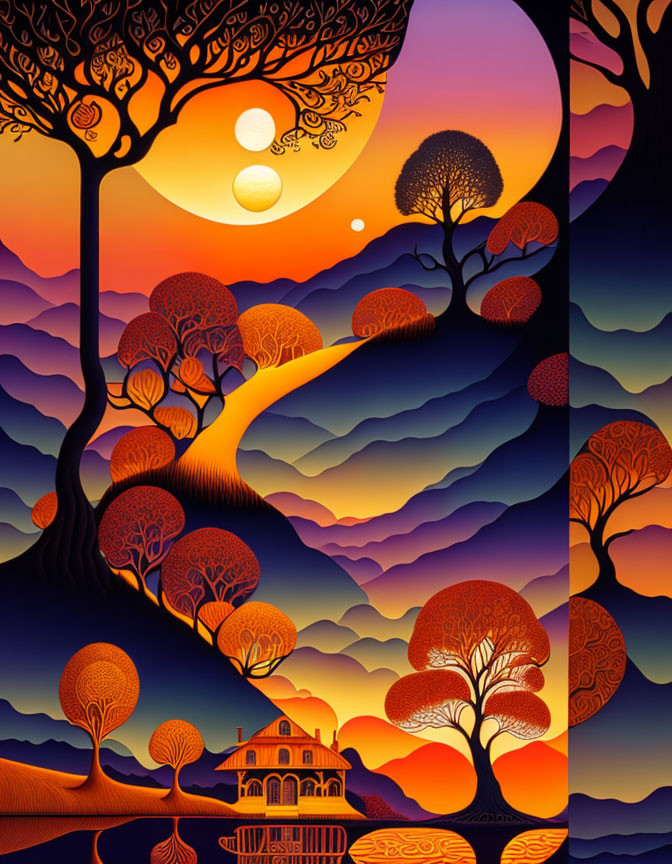 Surreal sunset artwork with multiple moons and vibrant landscape