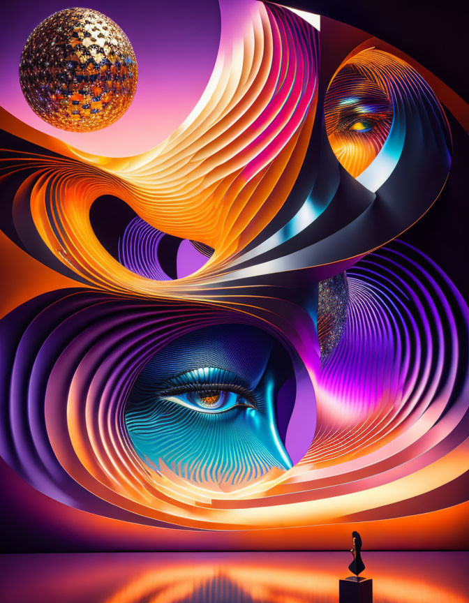 Colorful abstract digital art with human eye, swirls, figure, and disco ball