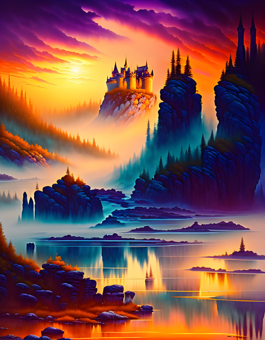 Fantastical sunset landscape with castle on cliff, misty forests, and tranquil waters.