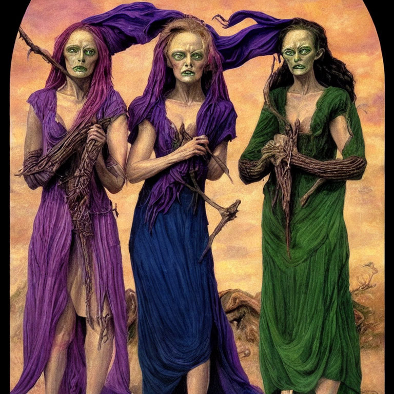 Three green-skinned women in colorful flowing garments holding a thick rope