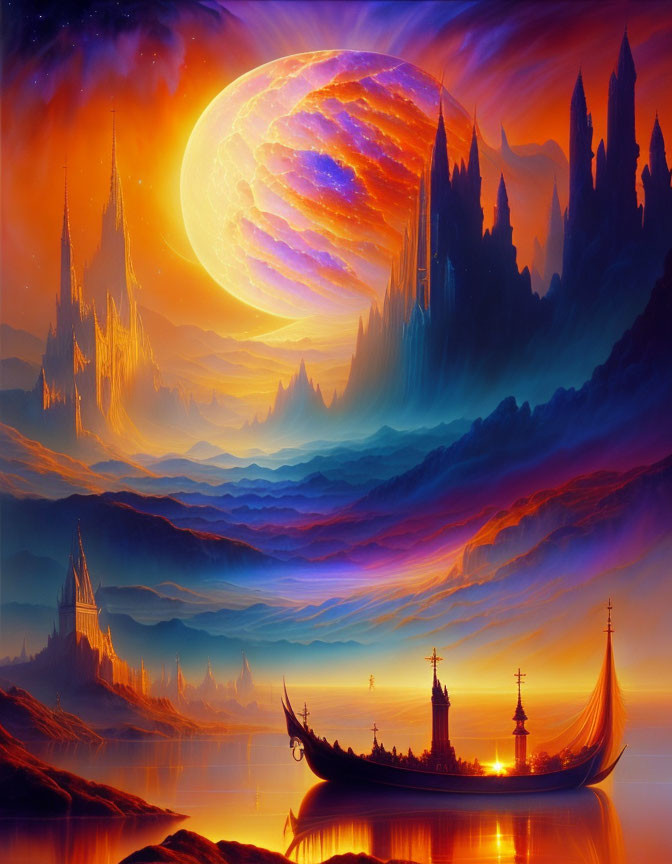 Vibrant fantasy landscape with towering spires and celestial body