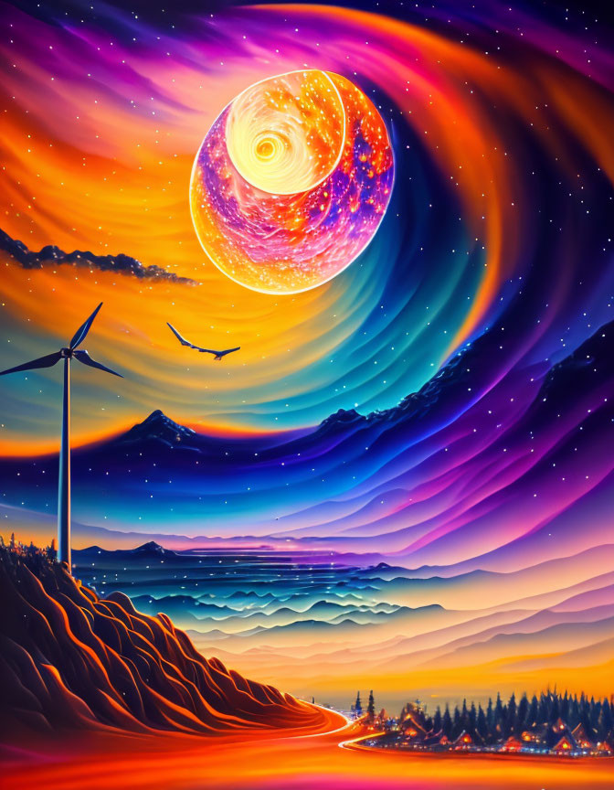 Colorful surreal landscape with galaxy and bird in digital artwork