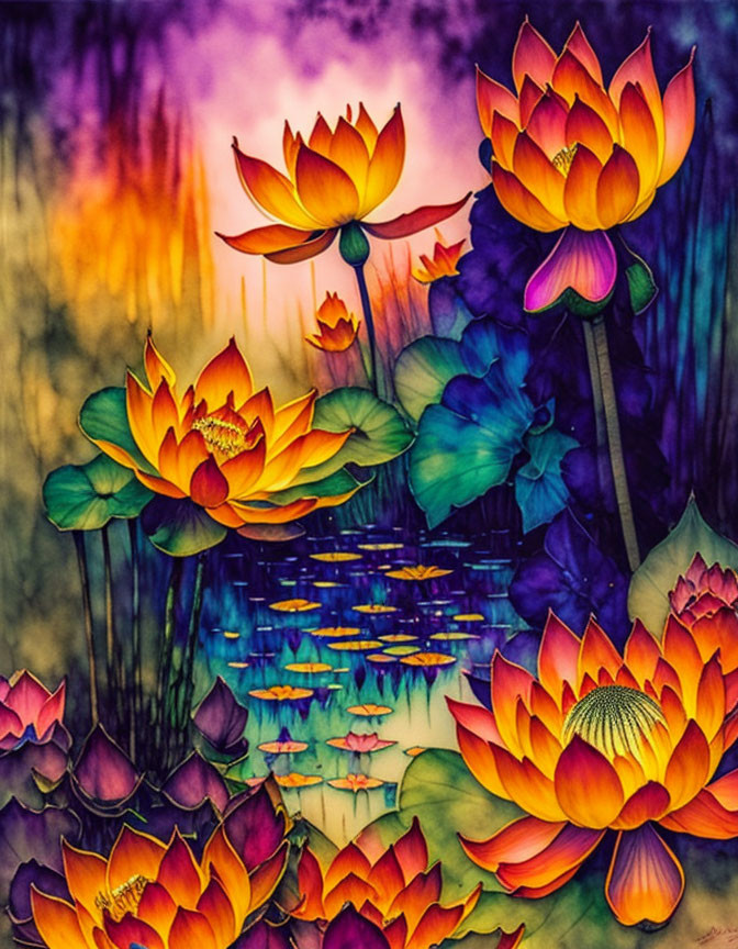 Colorful painting of orange and yellow lotus flowers on blurred background