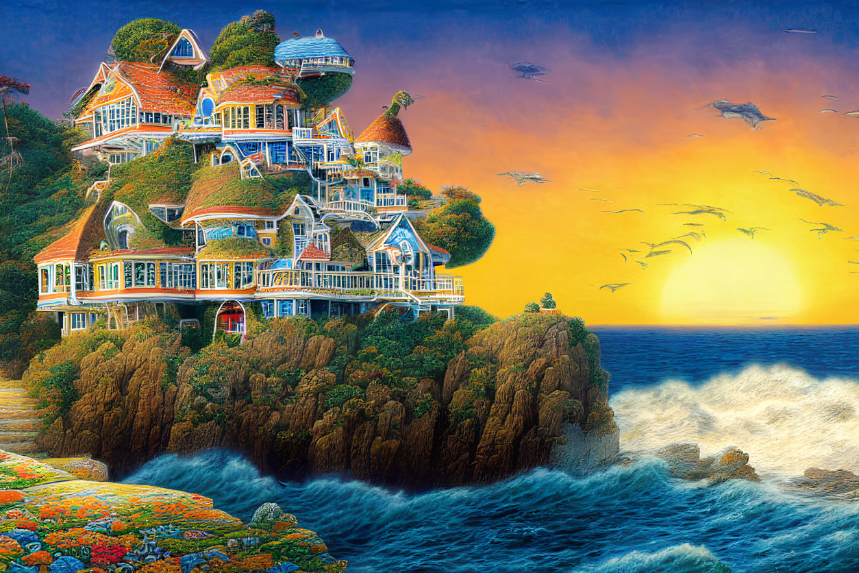 Victorian mansion painting on cliff with crashing waves at sunset