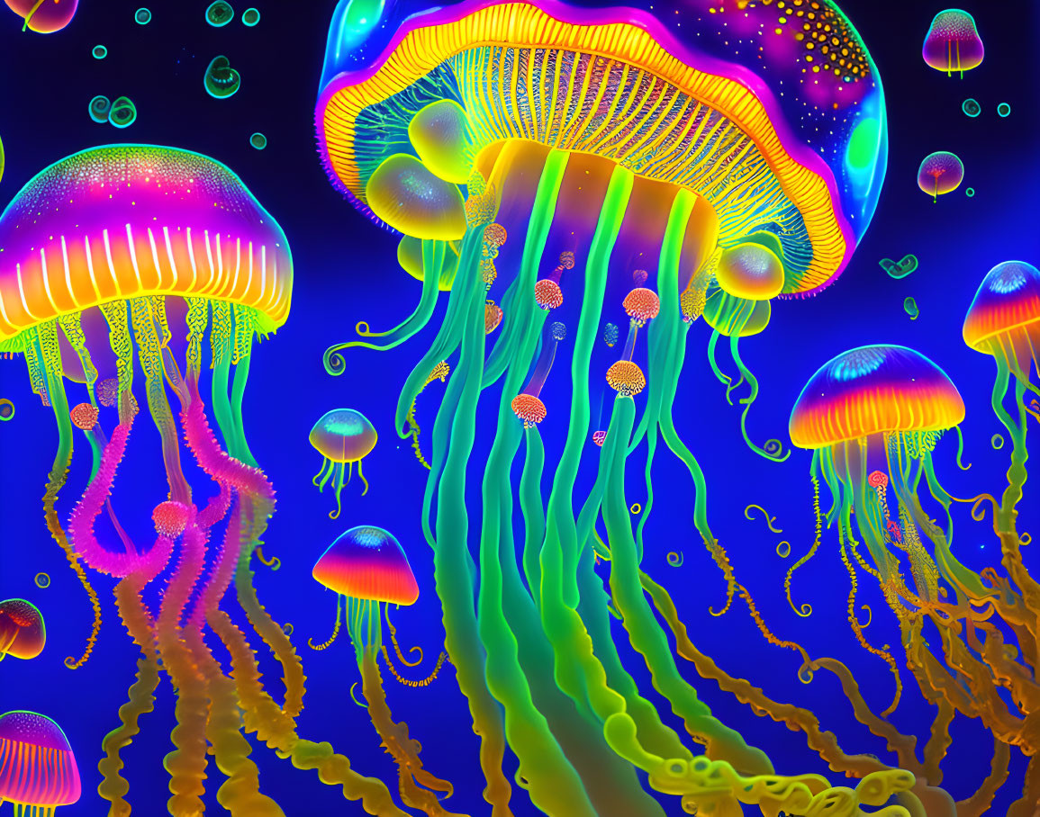 Colorful jellyfish in vibrant digital art underwater scene