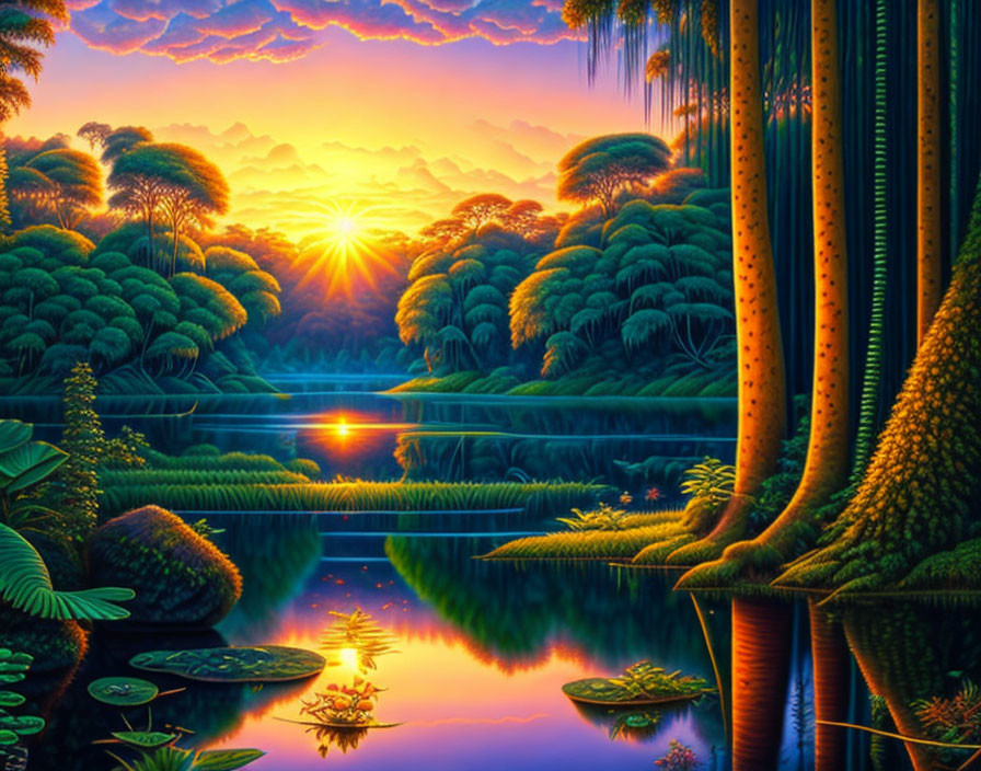 Tranquil forest sunset with lush greenery and reflective water