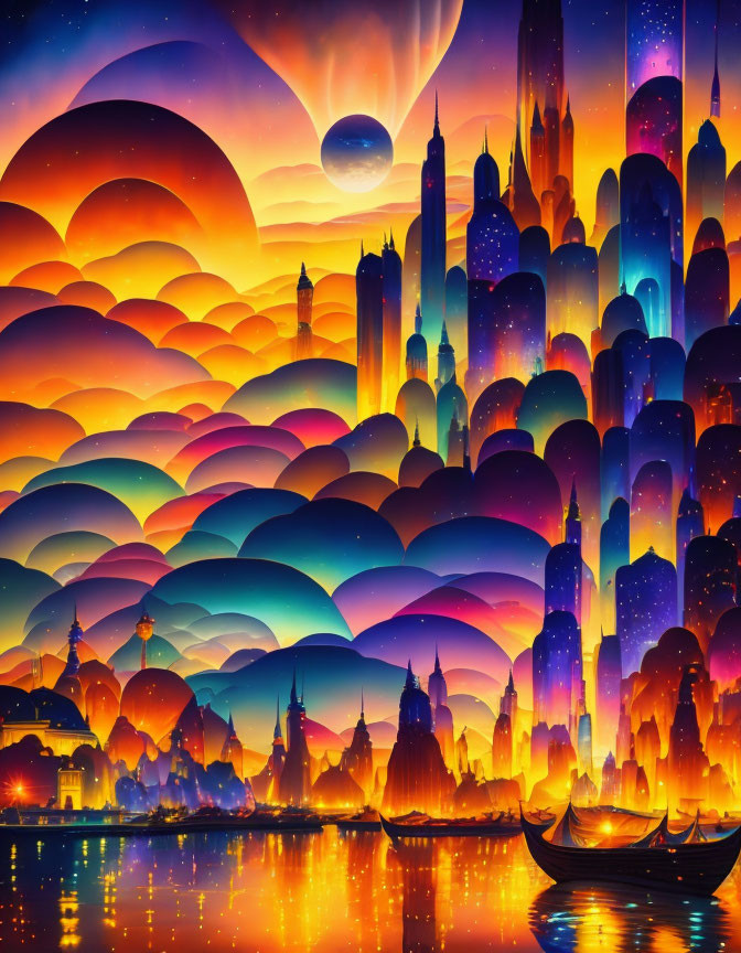 Vivid sunset over fantastical city with layered cloud formations