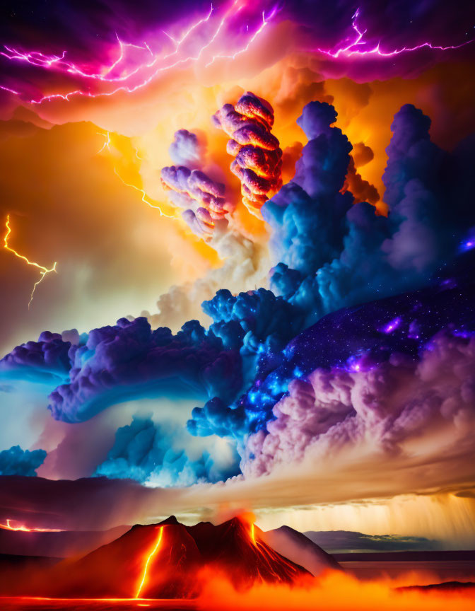 Surreal landscape with purple lightning, colorful clouds, twin erupting volcanoes