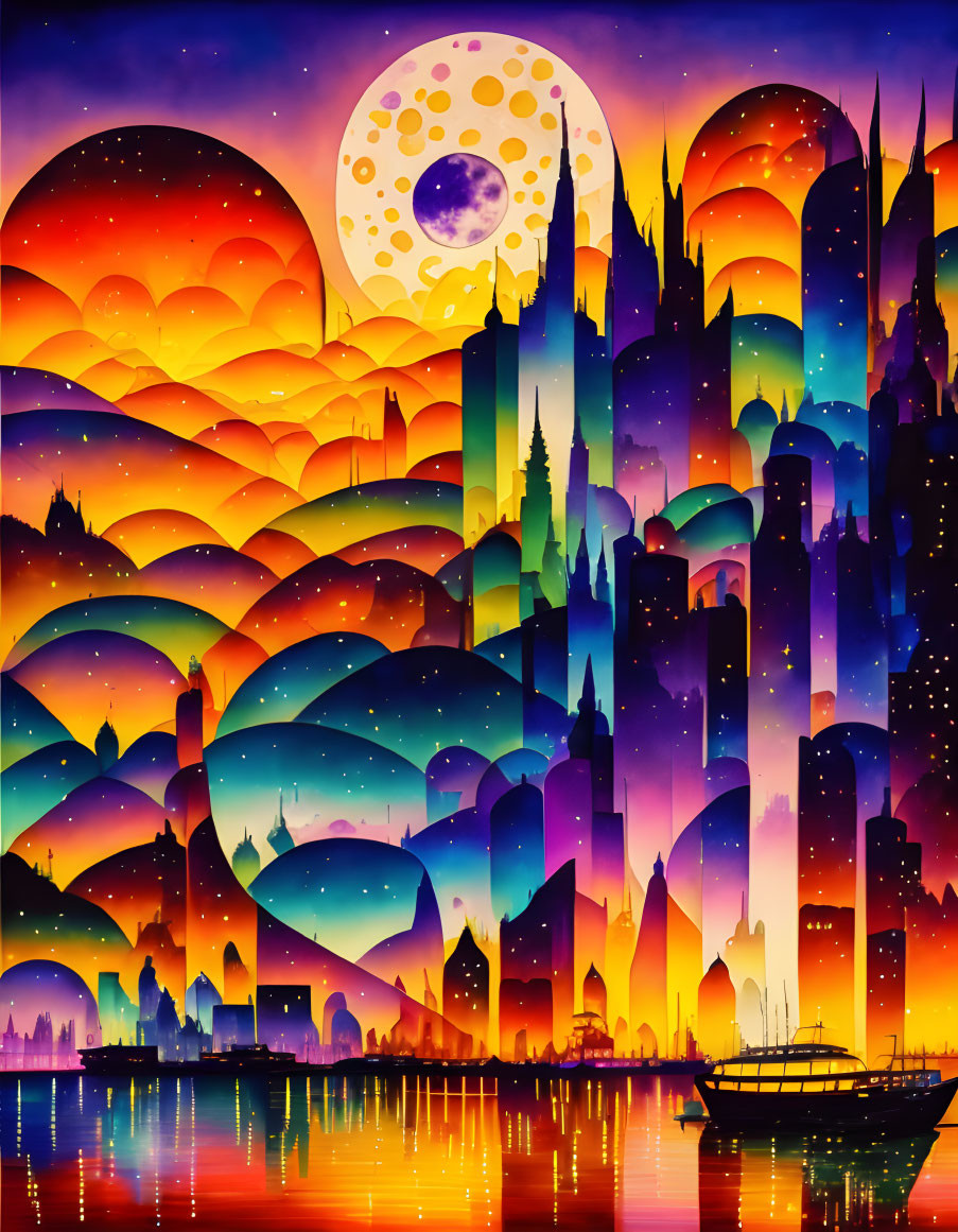 Colorful fantasy cityscape with pointy towers under starry sky and large moon, reflected in water