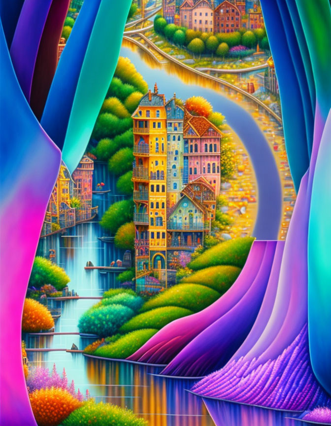 Colorful cityscape illustration with winding river and surreal curtains