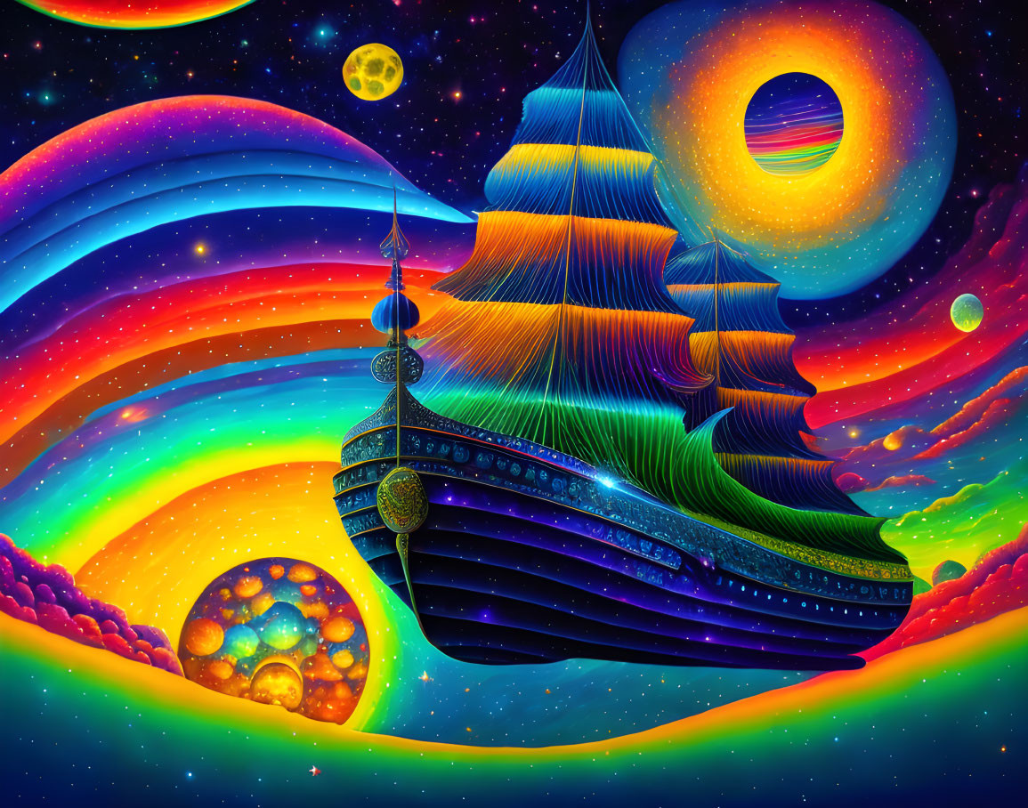 Colorful digital artwork of a fantastical ship sailing through cosmic landscape