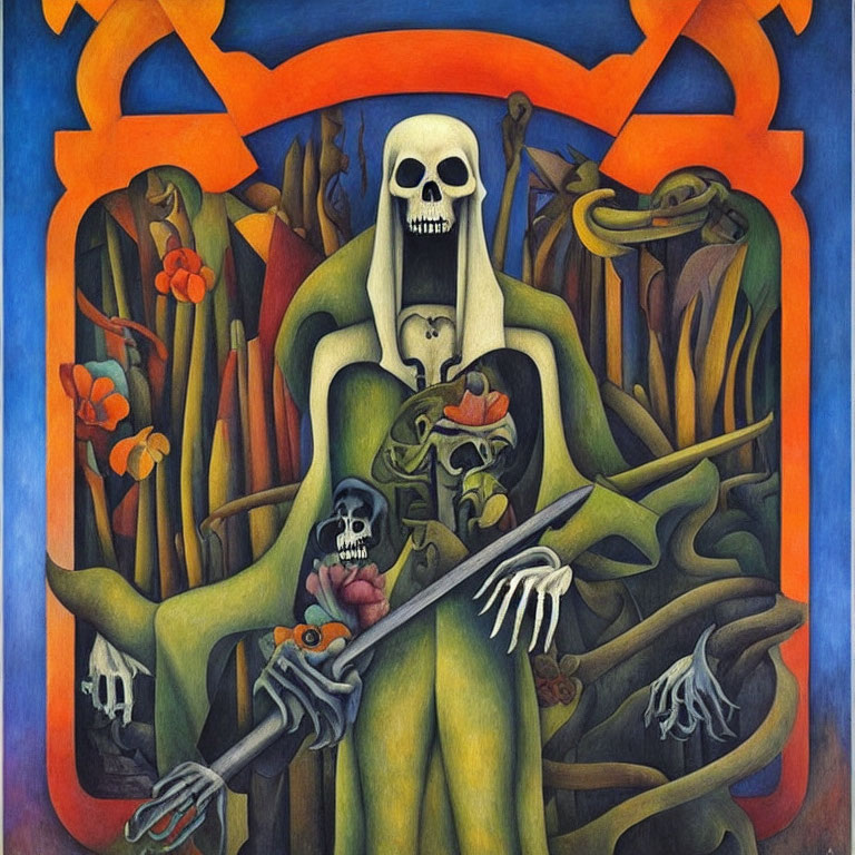 Surreal painting with central skull, green figures, snakes, and orange arches