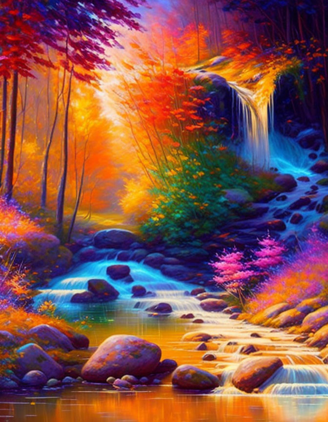 Colorful Autumn Forest Painting with Waterfall and Stream