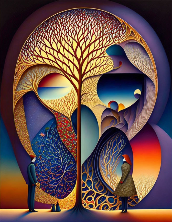 Surreal artwork featuring stylized tree with human-like figures