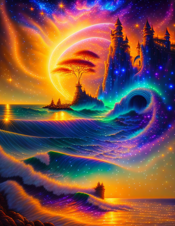 Fantasy landscape with galaxy sky, luminous waves, central tree, and magical castles.