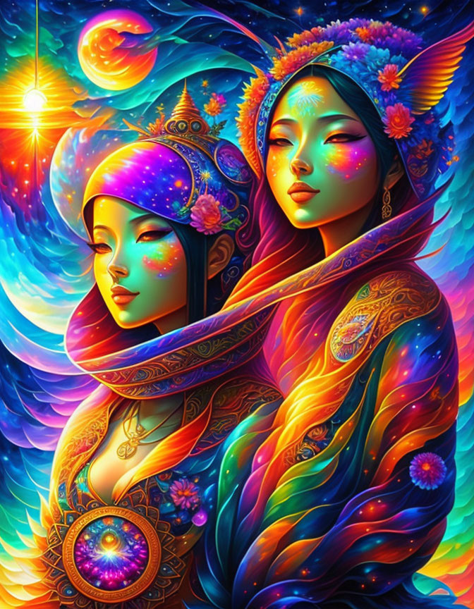 Digital artwork featuring two ethereal women with cosmic and floral elements in ornate attire.