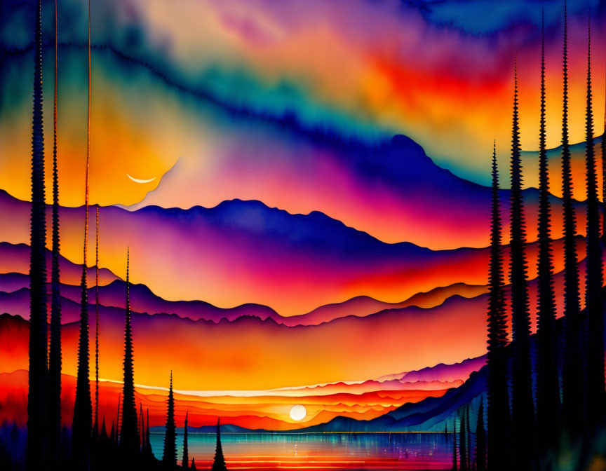 Colorful Sunset Over Layered Mountains, Lake Reflections, and Crescent Moon