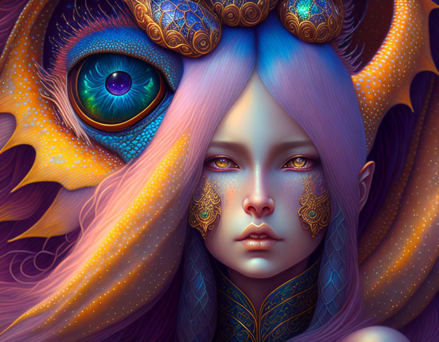 Fantastical portrait of character with blue and purple hair, golden headdress, eye designs, dragon