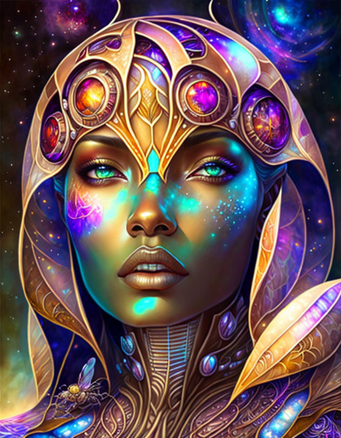 Detailed digital artwork of a woman with ornate headdress and cosmic skin.