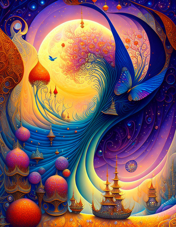 Fantasy Artwork: Large Moon, Swirling Patterns, Ornate Towers, Peacock Motifs