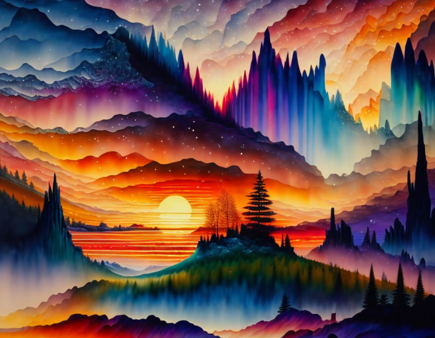 Colorful sunset painting with mountainous landscape, hills, lake, and aurora-like sky.