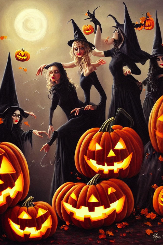 Four witches with pointy hats and pumpkins under crescent moon