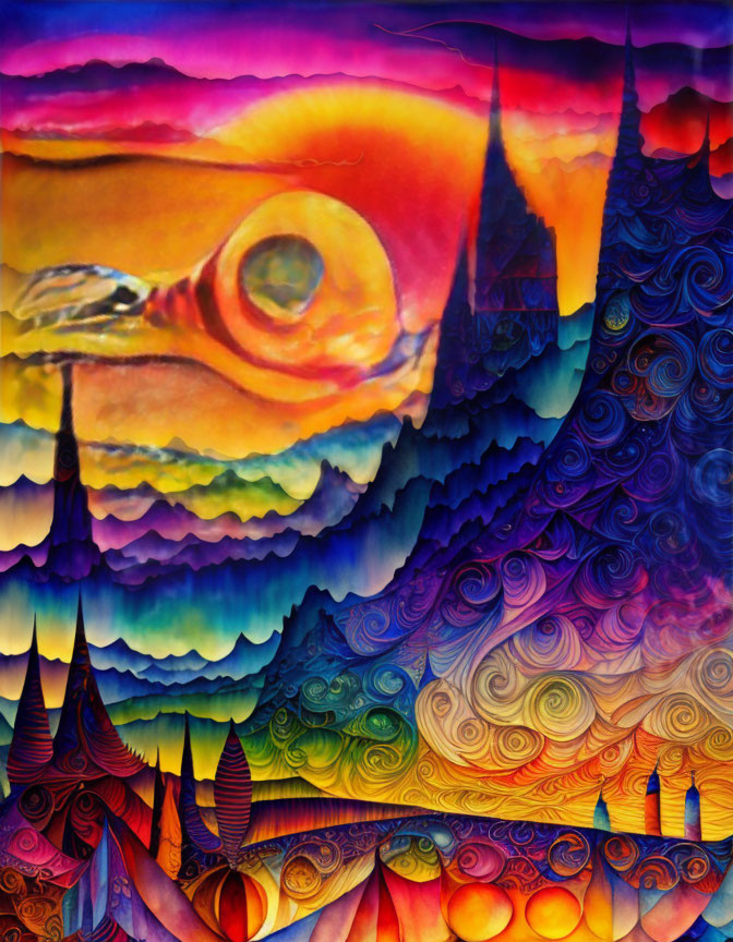 Colorful surreal landscape with giant fish eye and whimsical towers.