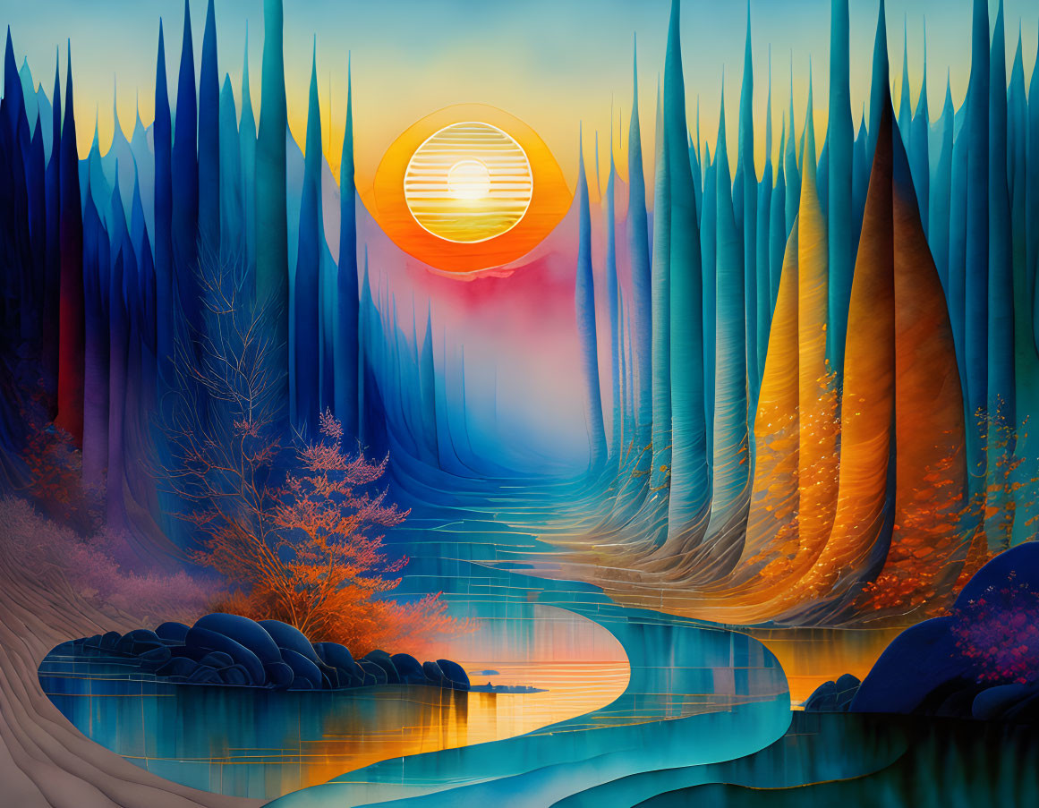 Colorful Landscape with Pointed Trees, River, and Sun Reflection