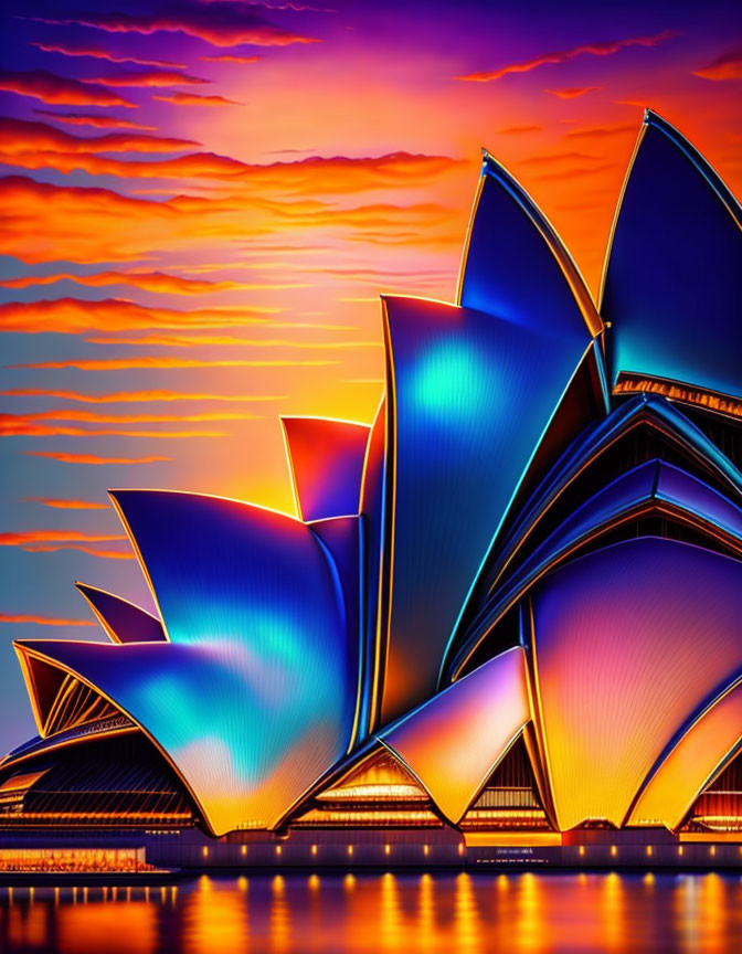 Colorful surreal Sydney Opera House at sunset reflected on water