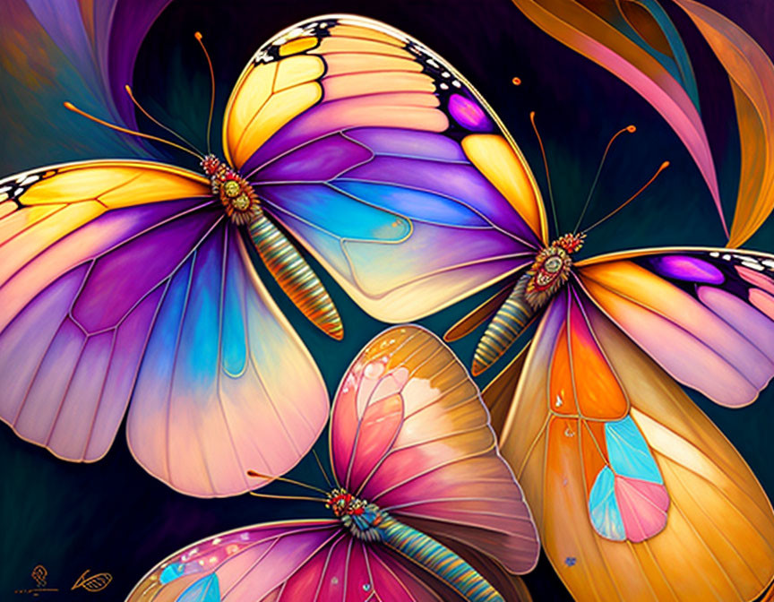 Colorful digital painting: Three stylized butterflies on whimsical background