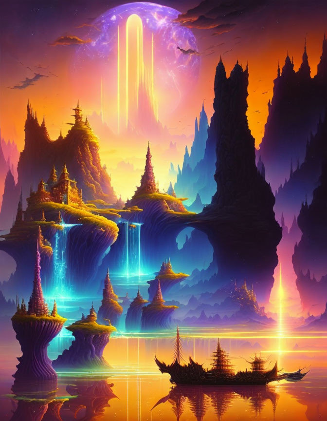 Fantastical landscape with towering cliffs, waterfalls, floating islands, sailing ships, ethereal glow