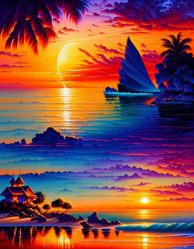 Tropical sunset with sailing boat, palm tree silhouette, and crescent moon.