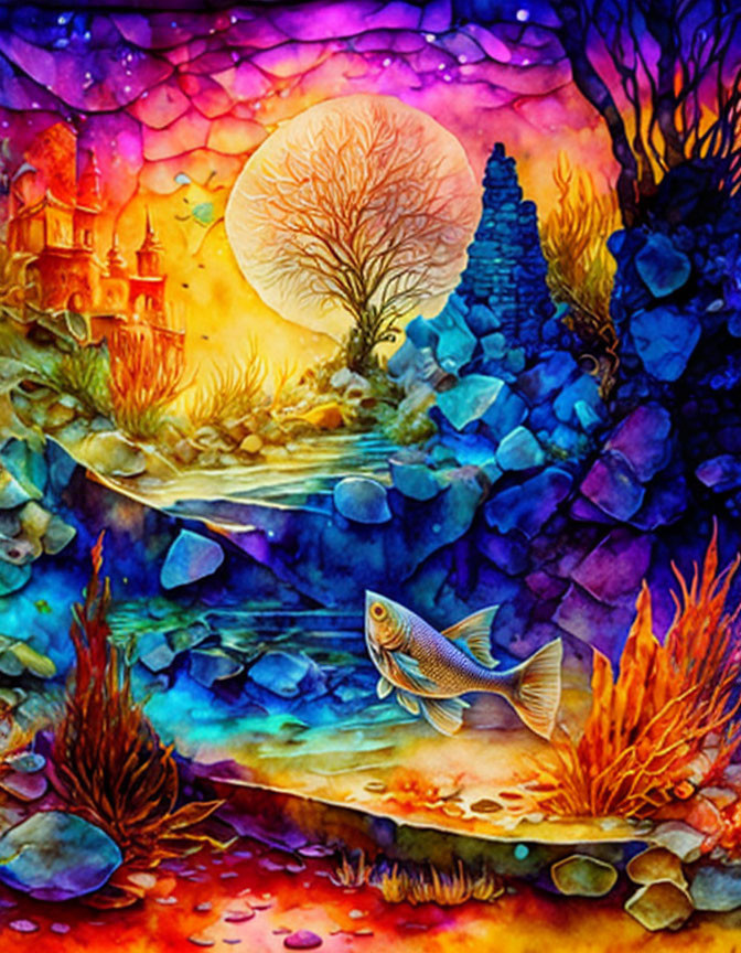 Colorful Underwater Watercolor Painting with Fish and Fantasy Castles